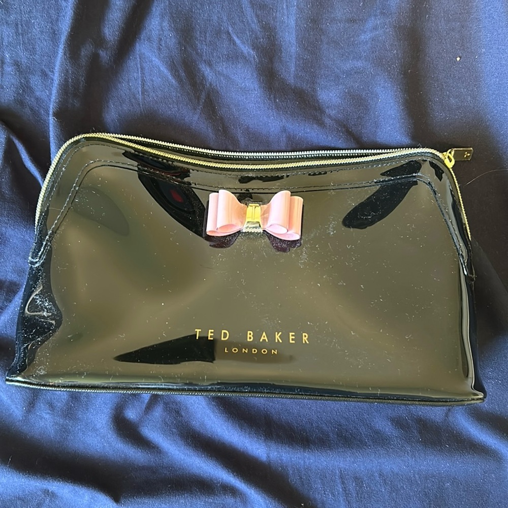 Ted Baker London Women Black Cosmetic Bag with Pink Bow Gold Zip Closure